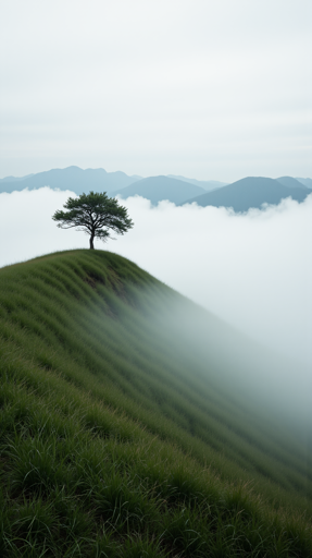 A single tree standing atop a grass-covered hillside covered in a thick layer of fog. Behind the immediate scene, blue-gray mountain ridges rise above the cloud layer under an overcast sky. 