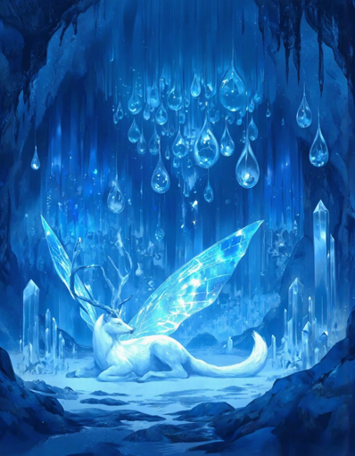 A white creature dragon with translucent wings resting in a reclined pose within an ice cave filled with numerous crystal formations. The creature has antlers, the body of a deer, and large fairy-like wings, while its tail extends away from its body as it lies on the frozen cave floor. The entire cavern is bathed in brilliant blue light, as large teardrop-shaped ice formations hang from the cave ceiling like a frozen chandelier, while pointed crystal spires rise from the ground around the creature. 