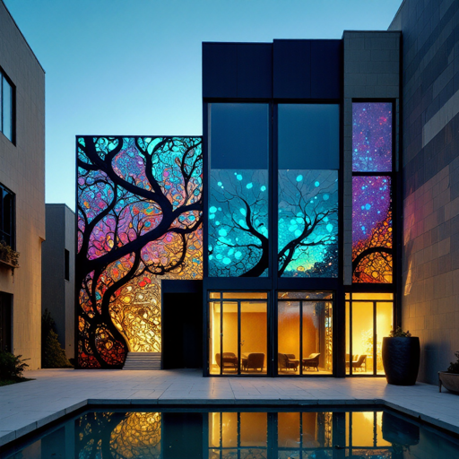 A modern multi-story house featuring tall stained-glass windows displaying a large silhouetted root-like design across its facade, in a contemporary residential courtyard during twilight hours. The building's glass panels showcase multicolored translucent sections in blues, purples, oranges, and yellows that create a root motif, while warm yellow interior lighting illuminates the ground floor visible through clear glass sections. A rectangular reflecting pool in the foreground mirrors the illuminated building and surrounding architecture. Adjacent gray modern buildings frame the composition on both sides, and the concrete courtyard extends around the pool area.