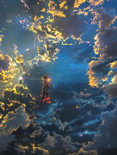 A person with short hair floating through a dramatic cloudscape with one arm outstretched among massive blue and gray clouds that stretch across the entire frame. Intense golden sunlight backlights the clouds from the left side, creating brilliant yellow and orange edges while casting deep blue shadows throughout the cloud masses. The figure wears white clothing and appears to be glowing with red end blue energy with scattered points of light resembling stars or light particles dot the scene, and bright lens flares emanate from the hidden sun source. 