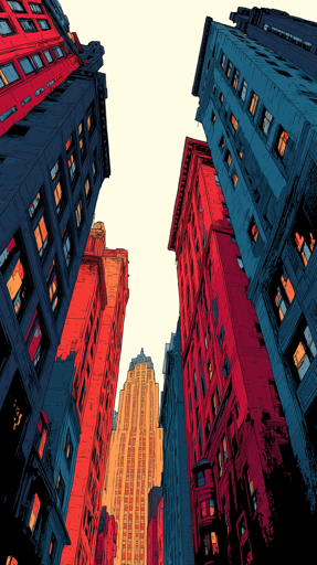 A dramatic upward view of tall urban buildings creating a narrow canyon-like street perspective, illustrated with heavy black outlines and stylized shading techniques characteristic of graphic novel artwork. The buildings display bold color treatments with red, pink, and blue applied to their facades. A prominent Art Deco-style skyscraper with stepped architecture rises in the center background, rendered in golden yellow tones that contrast against the pale cream sky. 