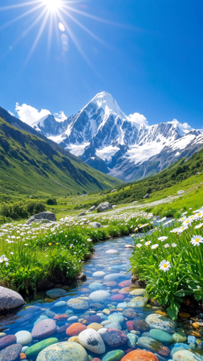 A shallow mountain stream flowing through a valley floor, with snow-capped peaks in the distance under a deep blue sky. The creek bed contains multicolored rounded stones in blues, oranges, greens, and grays visible through the clear water. White daisy flowers bloom densely along both banks among bright green grasses and vegetation that extends up the sloping valley sides. A prominent triangular peak covered in snow and ice rises in the background, flanked by additional snow-covered ridges. Brilliant sunlight streams from the upper left corner of the frame, creating lens flares and illuminating the rolling green hillsides. 