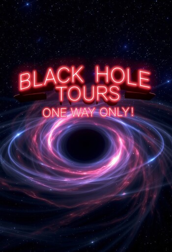 A cosmic scene centered around a black hole, swirling with light patterns that simulate its gravitational pull against a backdrop of deep space filled with stars. Dominating the upper portion is bold text in a radiant red hue that reads “BLACK HOLE TOURS,” followed by smaller text stating “ONE WAY ONLY!” 