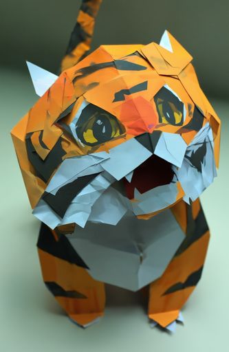 A clumsily made paper craft tiger painted in orange, black, and white. The geometric tiger features prominent yellow-green eyes with black pupils, black striped markings, and white paper forming the lower jaw and facial accents. The tiger sits against a neutral gray background, with the camera angled down from above.
