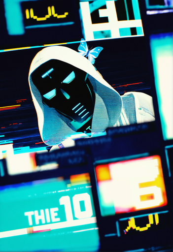 A hooded figure wearing a black mask with cyan glowing eyeholes and mouth slits and a small blue butterfly perched on top of their white hood, emerging from behind multiple floating digital panels in a cyber environment. Multiple digital panels float around the figure, displaying various pixelated graphics and interface element, as horizontal streaks in red, orange, and blue cut across the in the background. 
